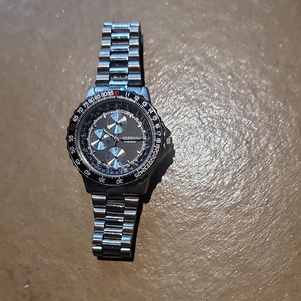 Merona Silver Chronograph Watch with Black and Blue Accents
